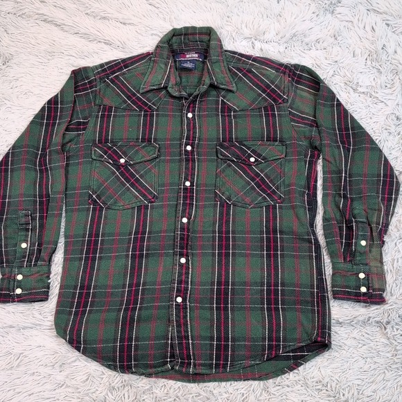 Five Brothers Shirt Mens M Green Plaid Flannel Pearl Snap Up Pockets Chore - Picture 1 of 8